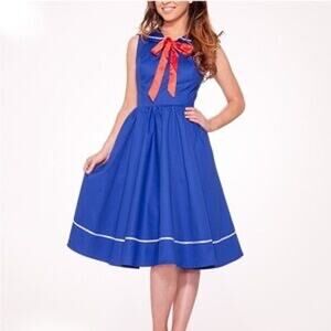Hearts & Roses London Pin Up Sailor Swing Mini Dress in blue w/ red bow Size 12